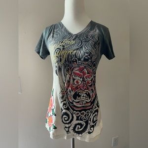 New Christian Audigier Buddha Rhinestones V-neck tee